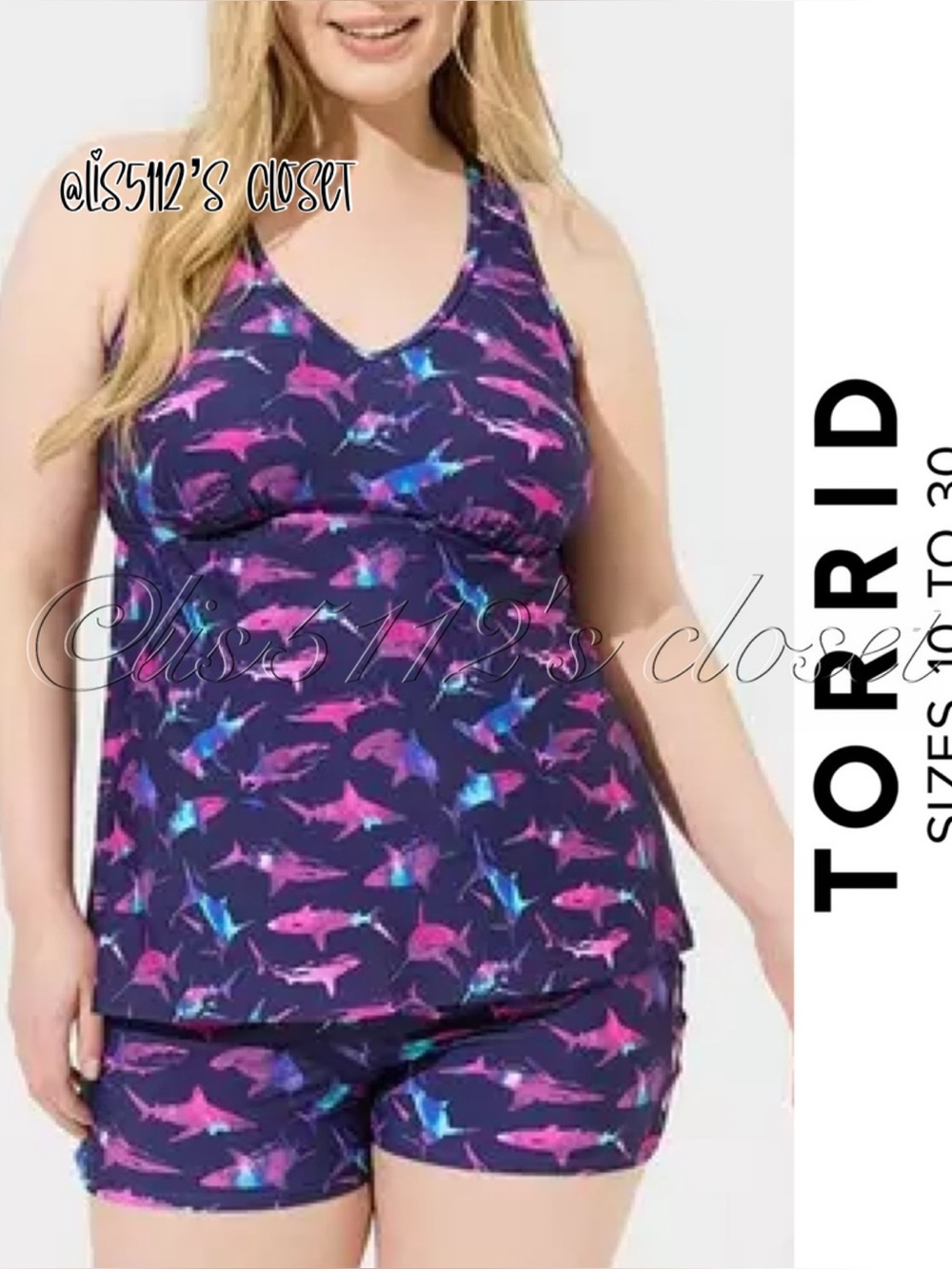 Torrid Multi-Color Shark Racerback Tankini and Lattice Swim Shorts SET 3X 22 24